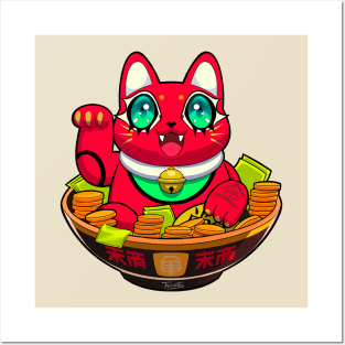 Cute Maneki Neko Ramen T-Shirt 2 Posters and Art